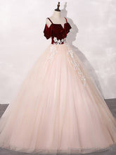 Pink/Burgundy Tulle Long Prom Dresses, A-Line Formal Sweet 16 Dress with Lace